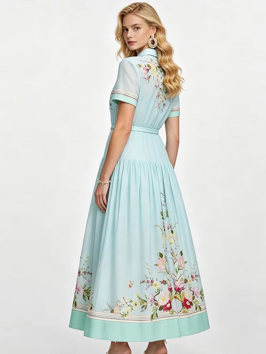 エレガントな花柄プリントサマードレス女性半袖シングルブレスト - Midi Skirt Floral のレビューと価格