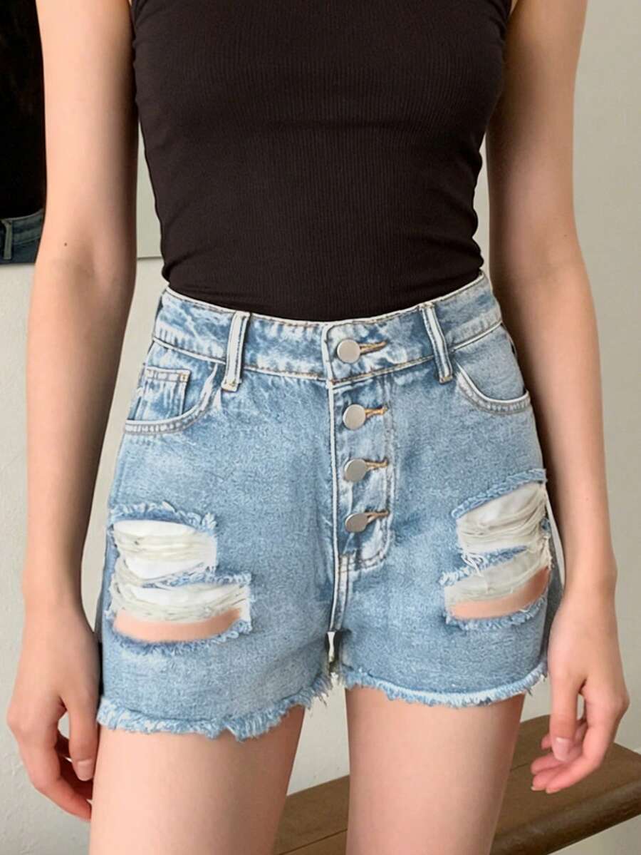 レディース ミッドライズ ダメージ加工 フレイドデニムショー - Shorts Denim Frayed のレビューと価格
