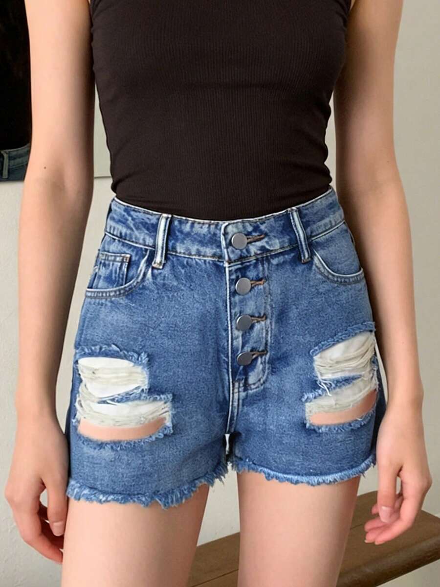 レディース ミッドライズ ダメージ加工 フレイドデニムショー - Shorts Denim Frayed のレビューと価格