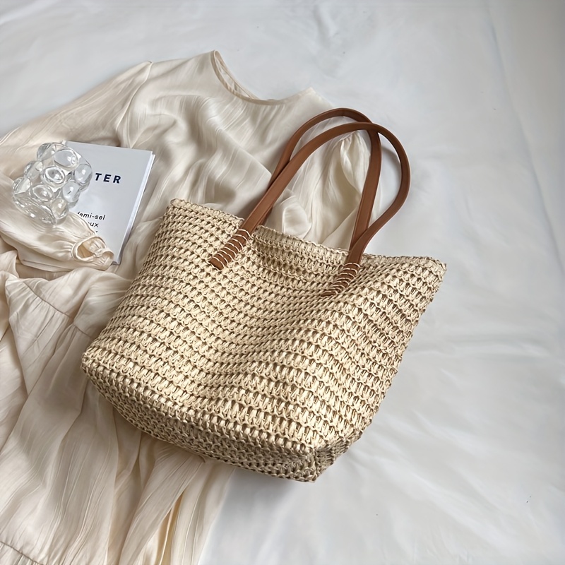 ファッショナブルで多用途な女性用織りバッグ、旅行用ジッパー付 - Crochet Bag Raffia のレビューと価格