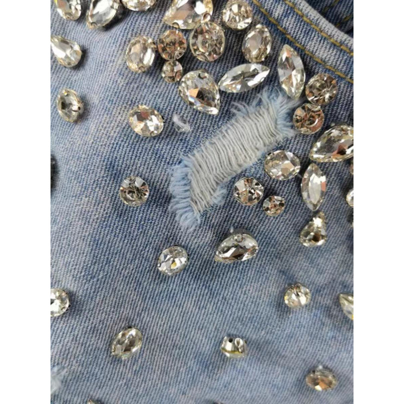 ホットガールスタイルのラインストーン付きダメージデニムショー - Shorts Denim Frayed のレビューと価格