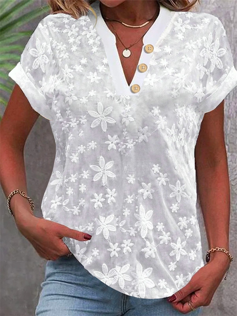 女性のための白い花柄の刺繍ブラウス,エレガント,半袖,Vネッ - Romper Floral Print のレビューと価格