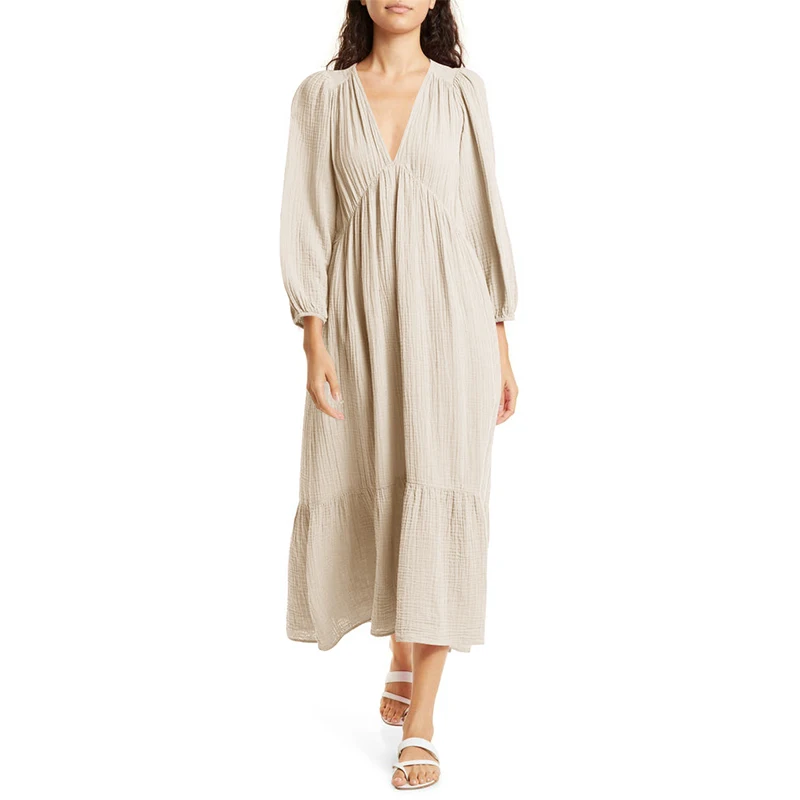 シフォン-100% コットンロングドレス,女性用,Vネック, - Linen Dress Wrap のレビューと価格