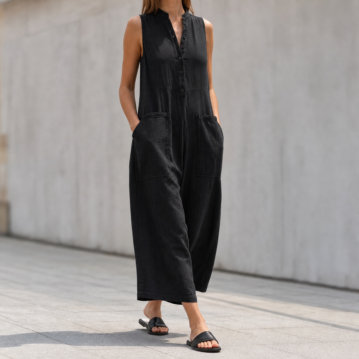 女性用 ノースリーブ マンダリンカラー ルーズフィット ソリ - Jumpsuit Linen Relaxed のレビューと価格