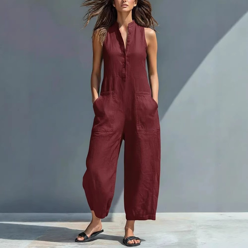 女性用 ノースリーブ マンダリンカラー ルーズフィット ソリ - Jumpsuit Linen Relaxed のレビューと価格