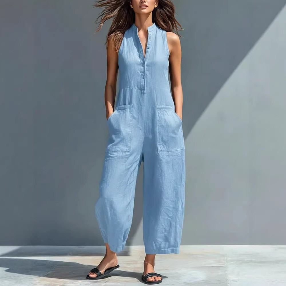 女性用 ノースリーブ マンダリンカラー ルーズフィット ソリ - Jumpsuit Linen Relaxed のレビューと価格