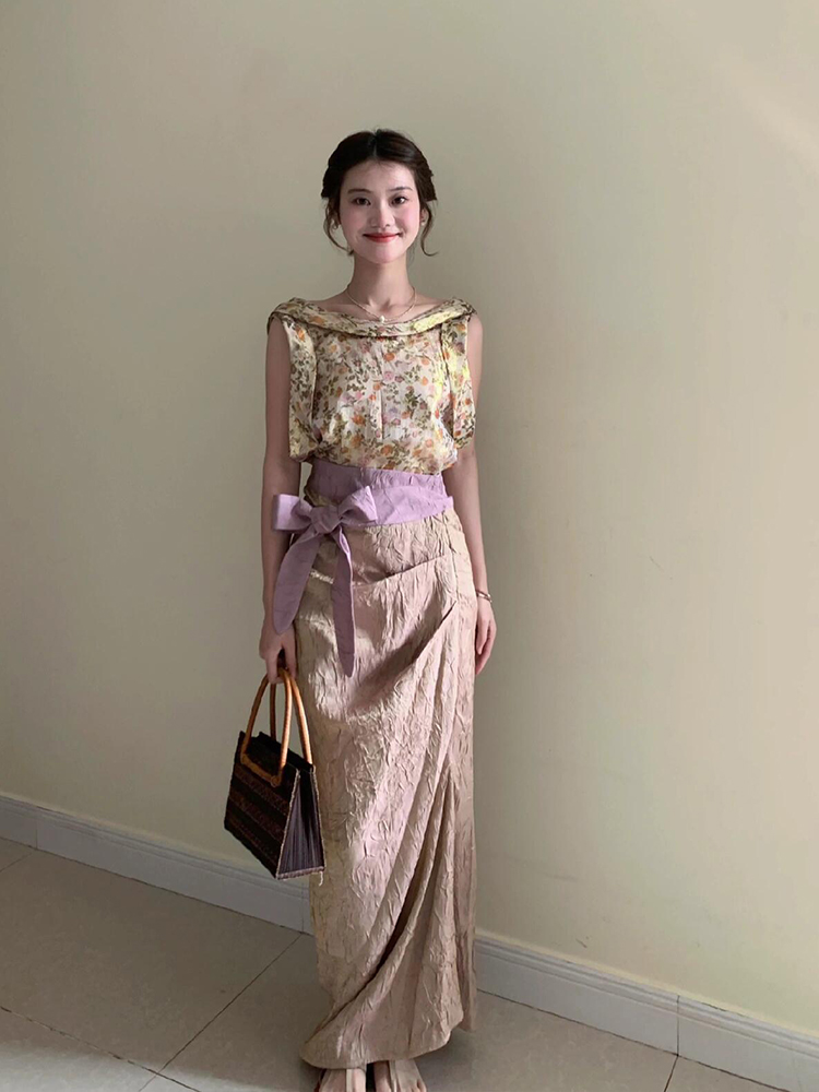 XZY ヴィンテージ花柄ノースリーブトップスとスカートセット - Midi Skirt Floral のレビューと価格