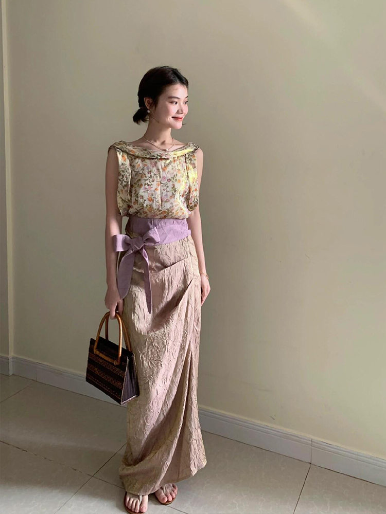 XZY ヴィンテージ花柄ノースリーブトップスとスカートセット - Midi Skirt Floral のレビューと価格