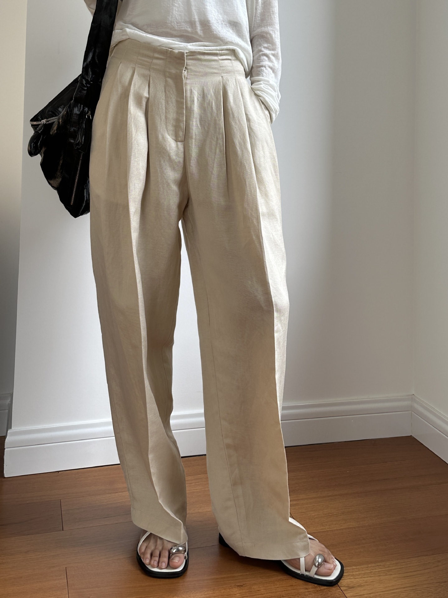 カジュアルリネンワイドレッグパンツプリーツ通勤ハイウエストス - Linen Pant Wide のレビューと価格