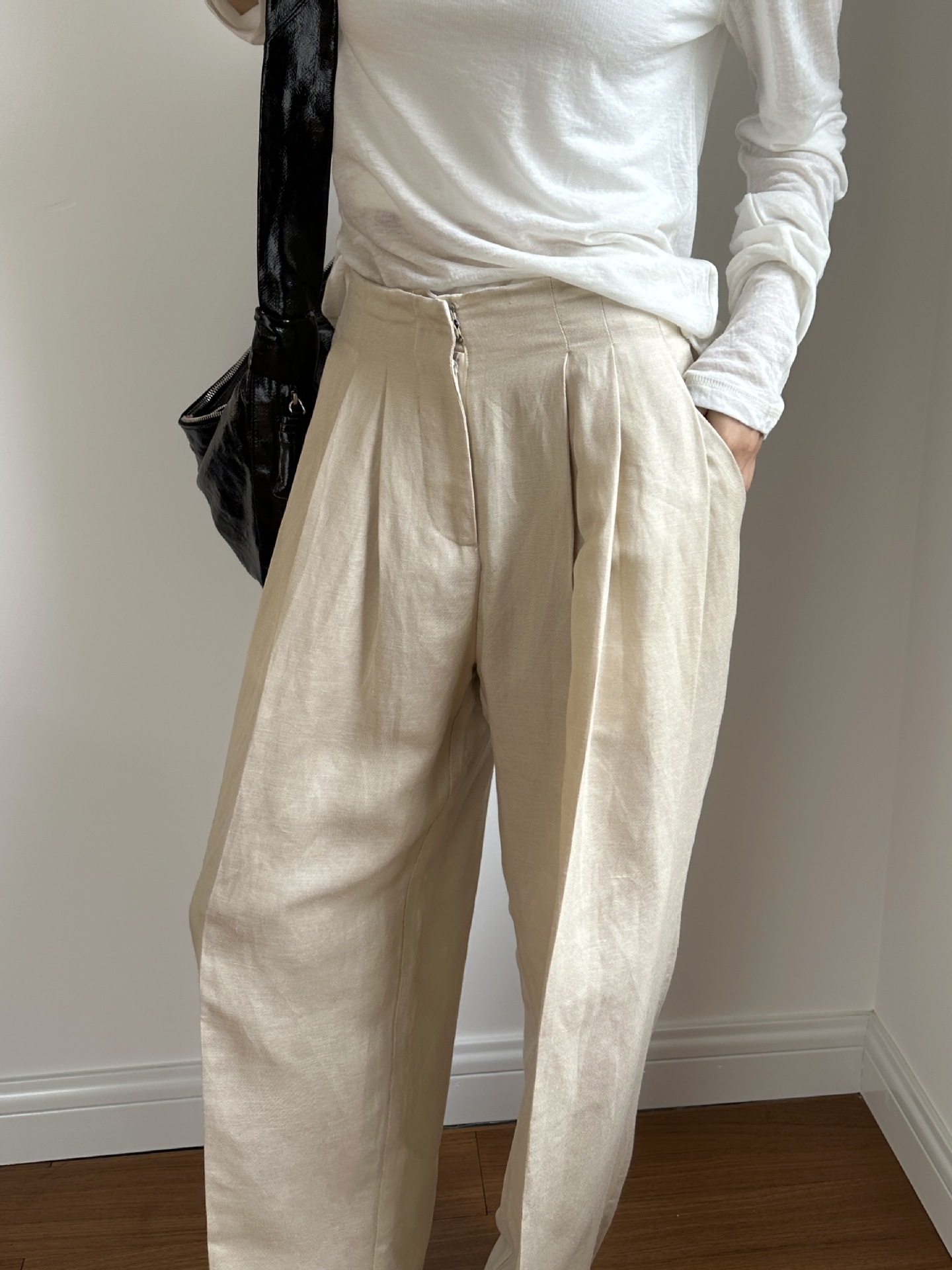 カジュアルリネンワイドレッグパンツプリーツ通勤ハイウエストス - Linen Pant Wide のレビューと価格