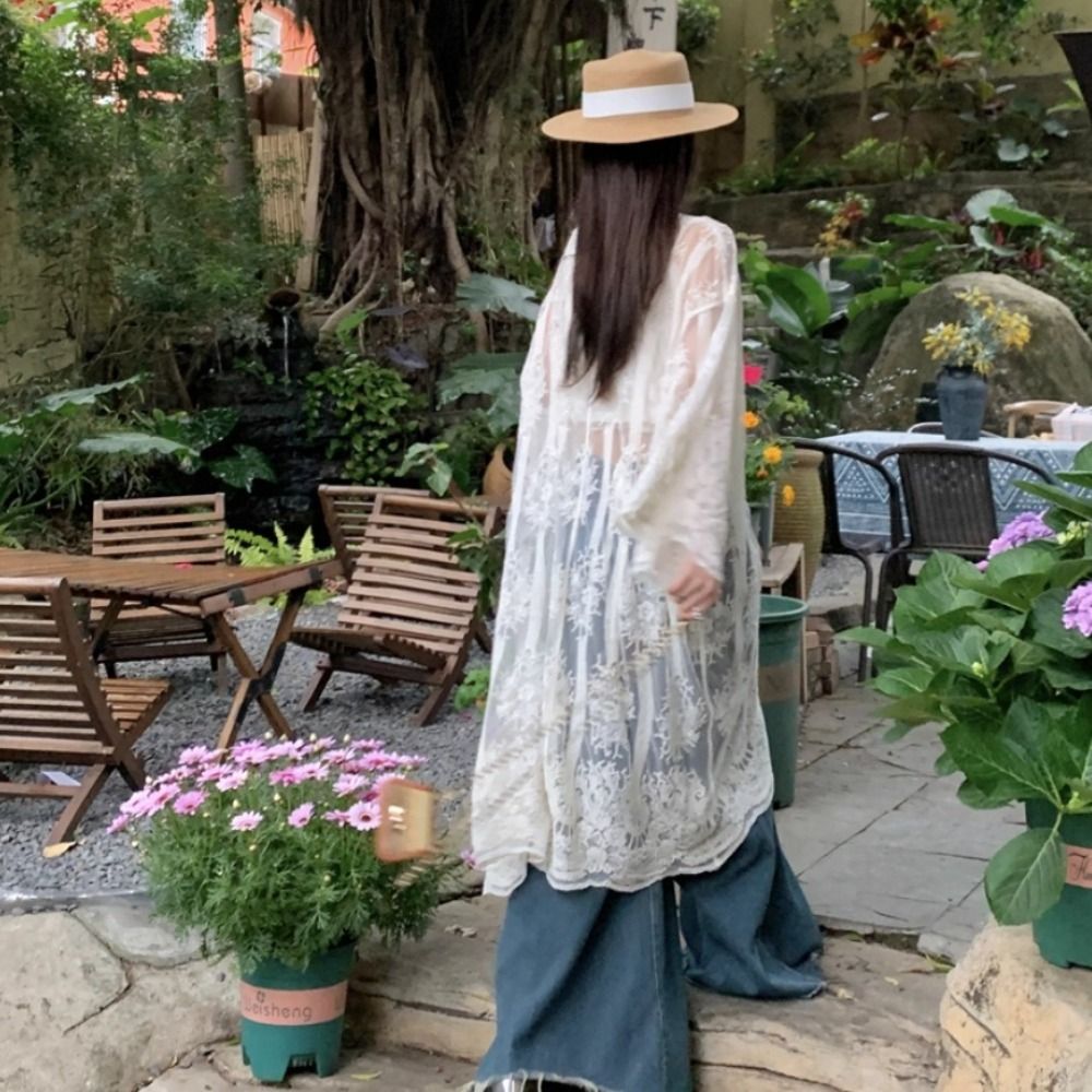 軽量レースアップレースブラウス刺繍ルーズフィットシースルーカ - Kimono Sheer Floral のレビューと価格