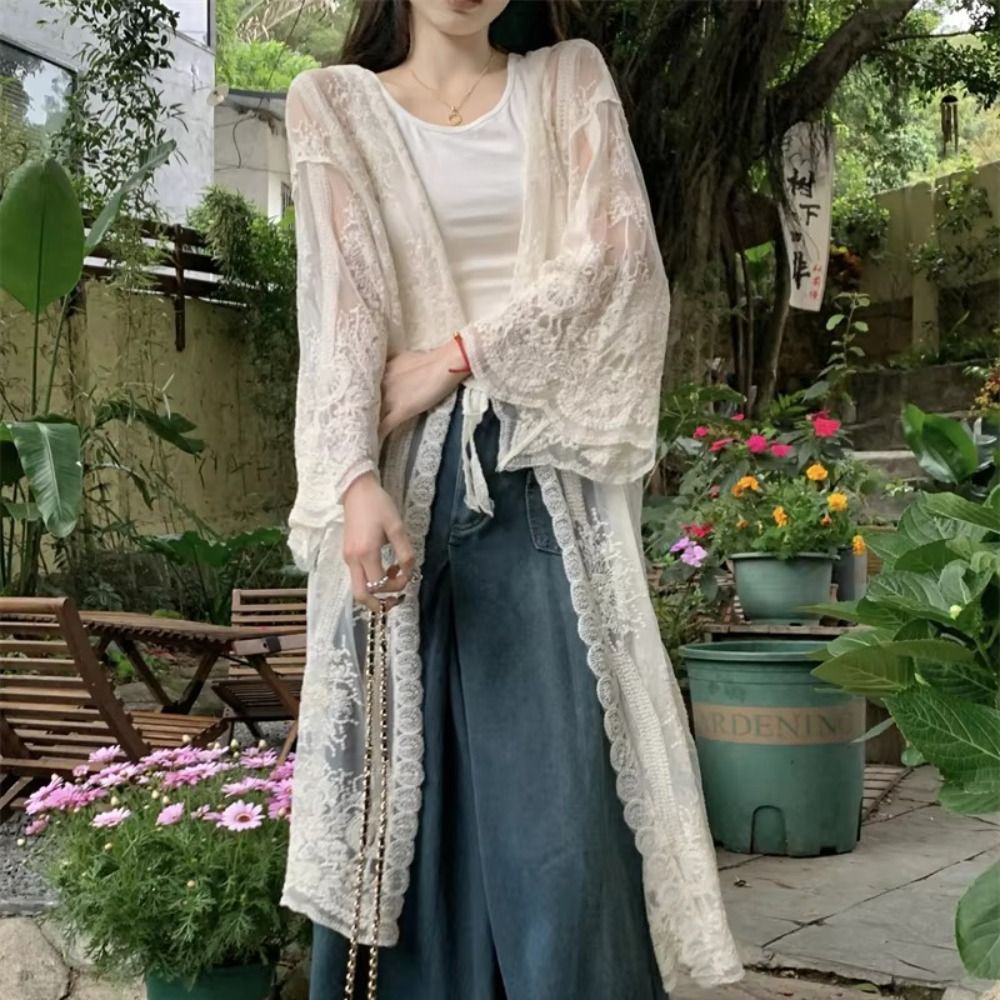 軽量レースアップレースブラウス刺繍ルーズフィットシースルーカ - Kimono Sheer Floral のレビューと価格