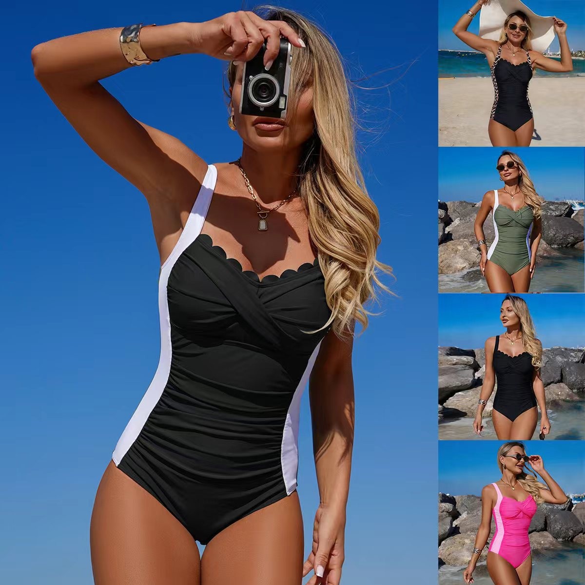 黒の水着 スカラップネックライン ツイストフロント オリーブ - Swimsuit Bikini Ruched のレビューと価格