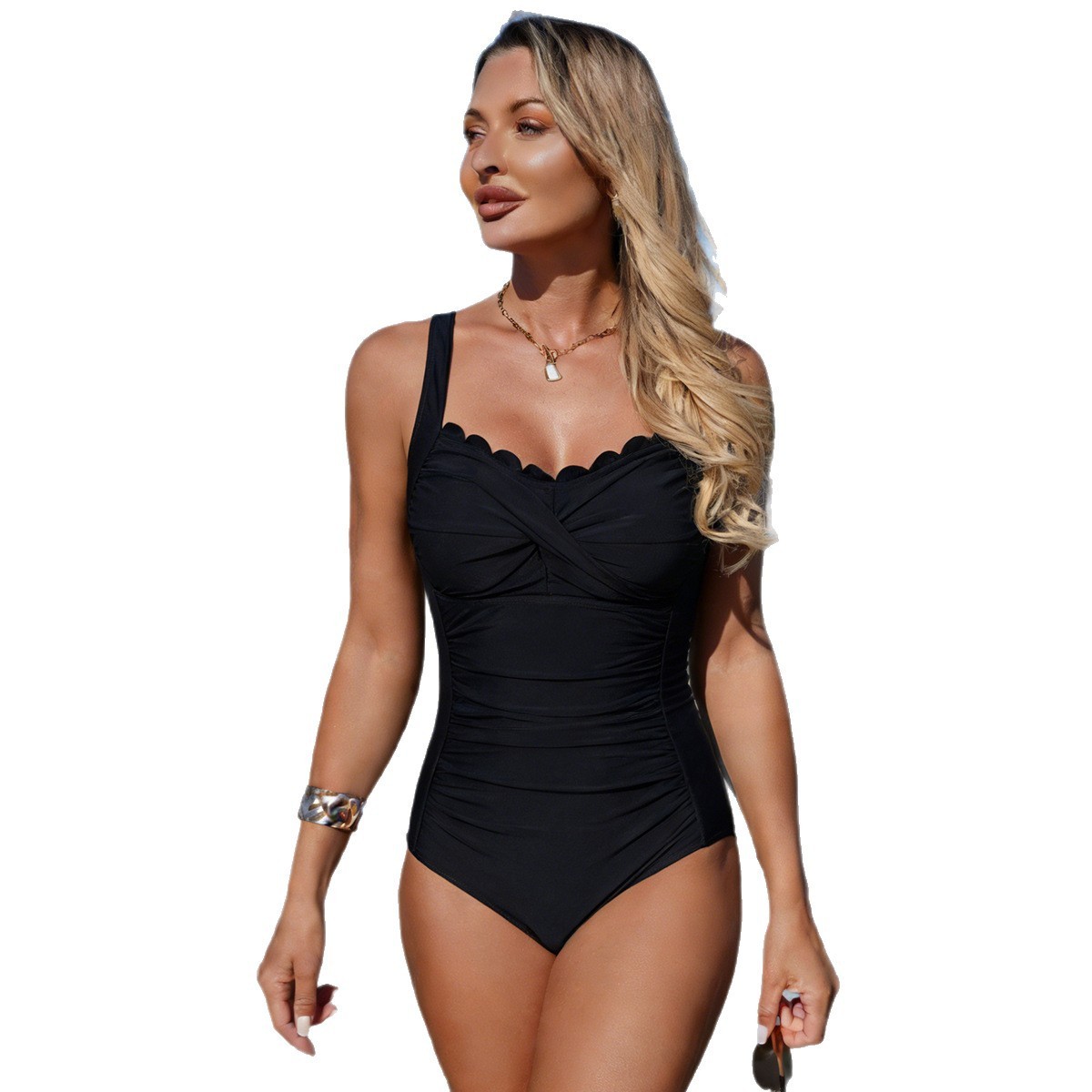 黒の水着 スカラップネックライン ツイストフロント オリーブ - Swimsuit Bikini Ruched のレビューと価格
