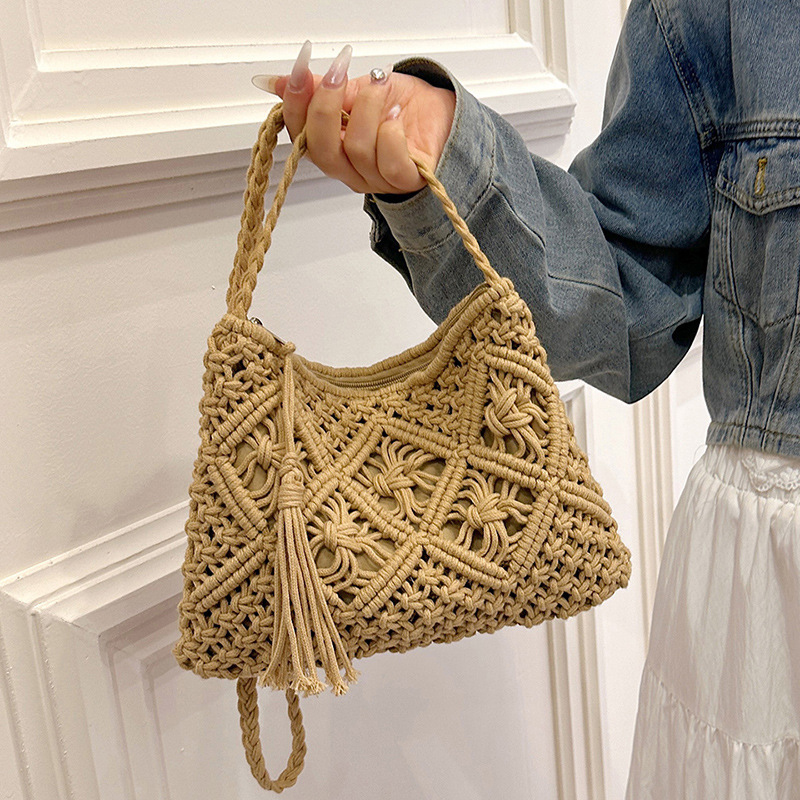 女性用透かし彫りストローショルダーバッグ,サマーショルダーバ - Crochet Bag Raffia のレビューと価格