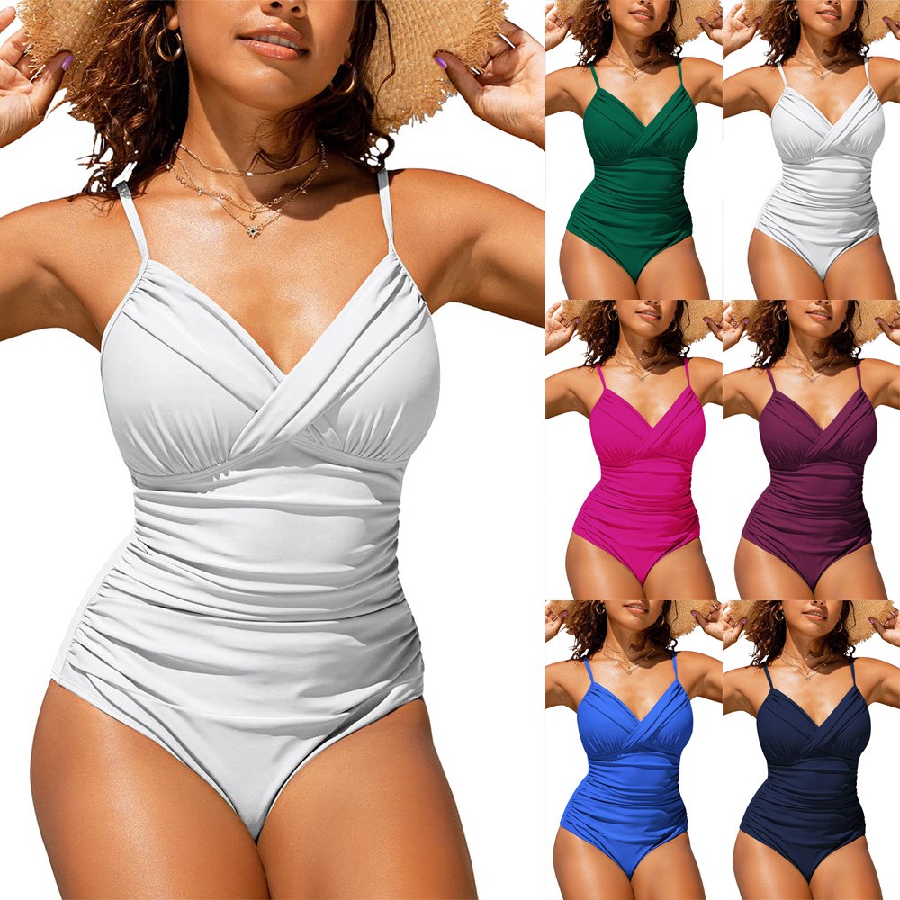 女性用ビキニタンキニ水着、無地Vネック水着、ラッフルウエスト - Swimsuit Bikini Ruched のレビューと価格