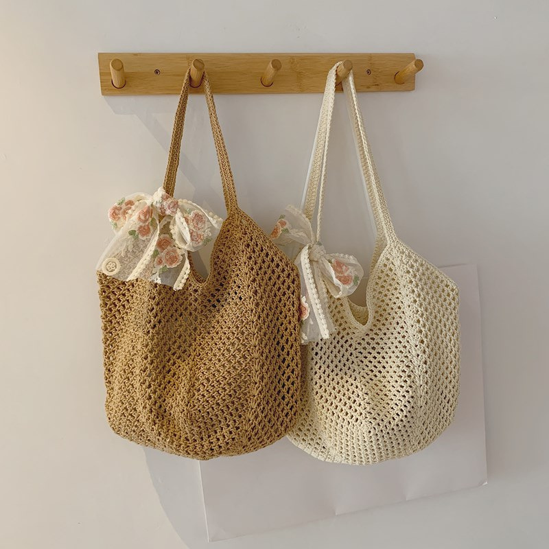 夏のレースボウトートバッグ レディース ラフィア編み込みショ - Crochet Bag Raffia のレビューと価格