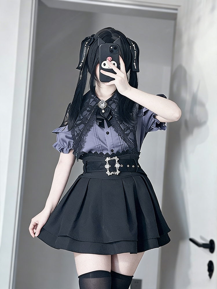 ゴシックスタイル肩出しシャツとハイウエストミニスカートのツー - Blouse Off Shoulder のレビューと価格