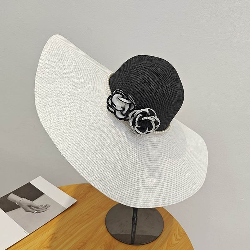 つばの夏用帽子,大きなつば,真珠付き,2トーン,ビーチ用,女 - Hat Floppy Wide のレビューと価格