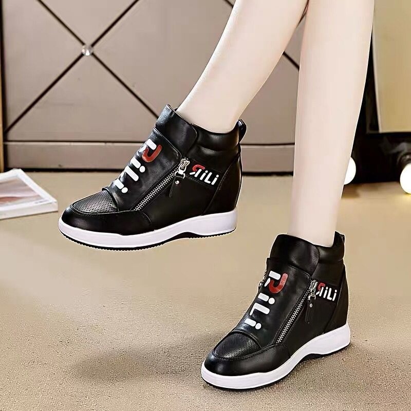 身長増加カジュアル女性靴革黒白プラットフォームウェッジスニー - Wedge Espadrille Women のレビューと価格
