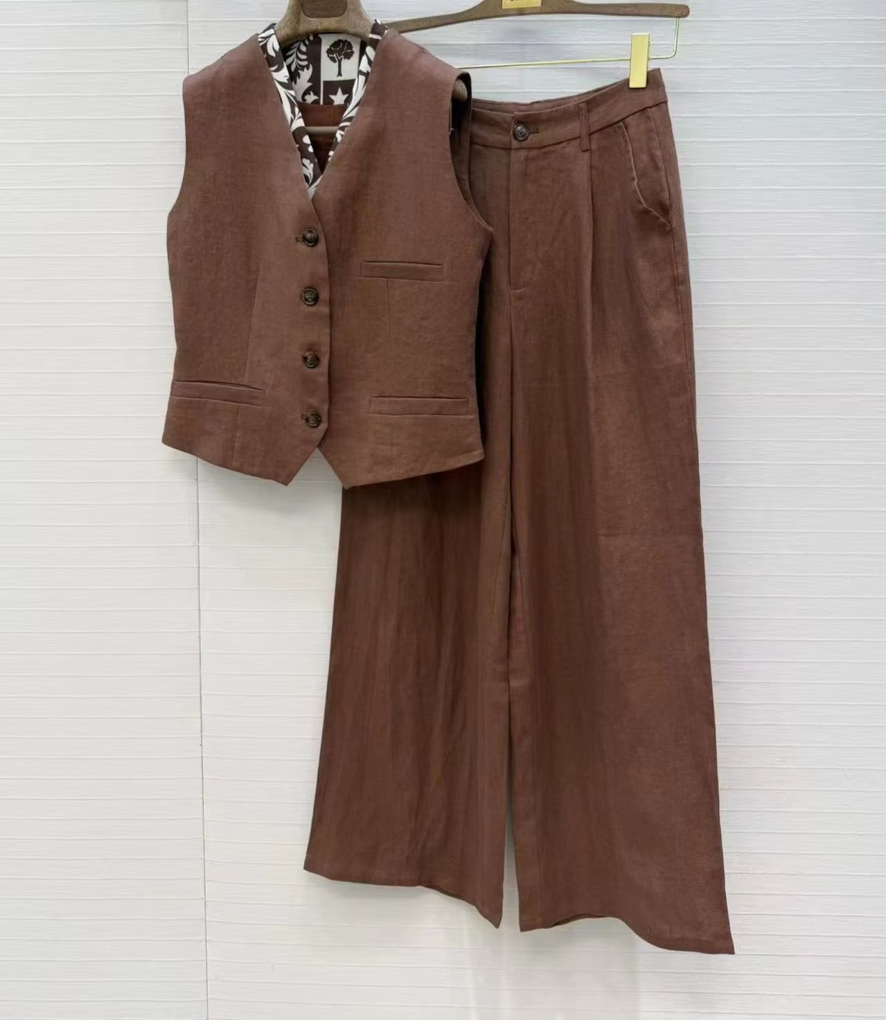 老銭さんのリネンカジュアルツーピースプリントパッチVネックセ - Linen Pant Wide のレビューと価格