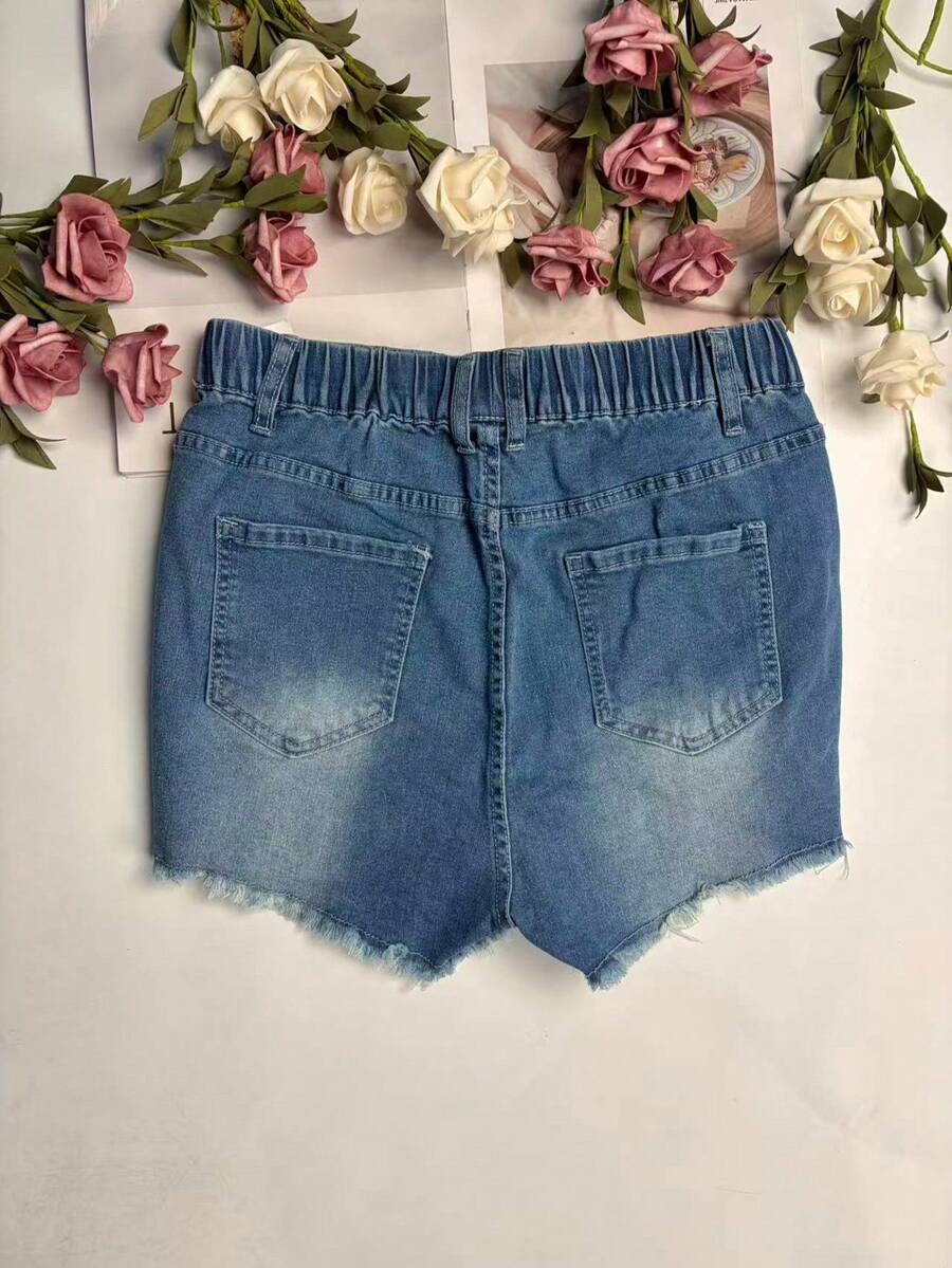 レディース弾性ウエストフリンジヘムダメージデニムショートパン - Shorts Denim Frayed のレビューと価格