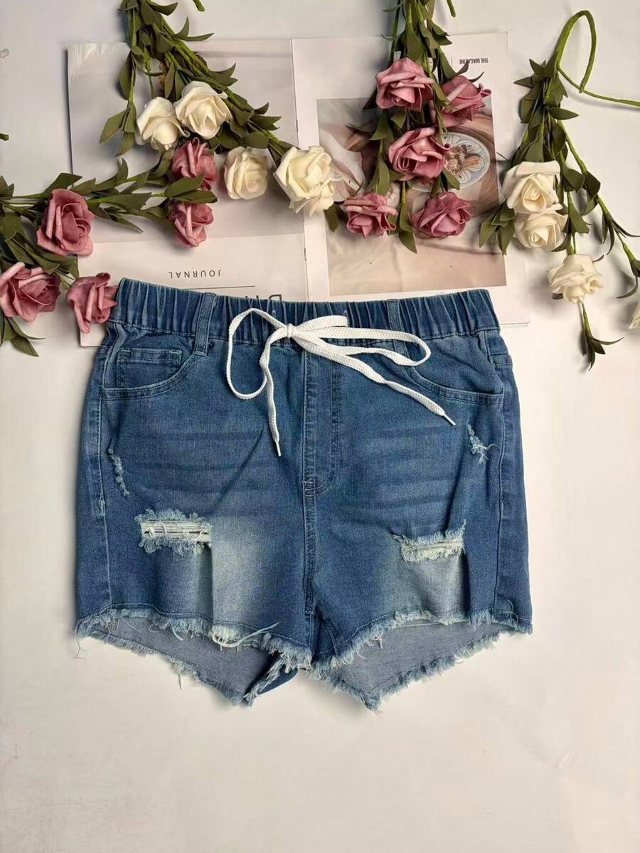レディース弾性ウエストフリンジヘムダメージデニムショートパン - Shorts Denim Frayed のレビューと価格