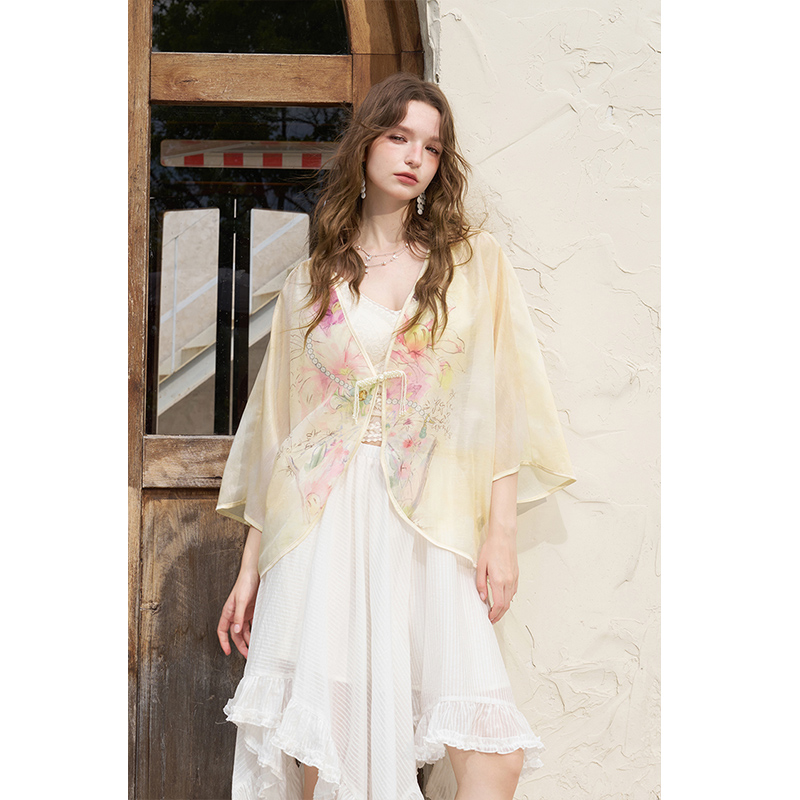 ELFSACK 新しい中国風カエルボタン着物ジャケット、水彩 - Kimono Sheer Floral のレビューと価格