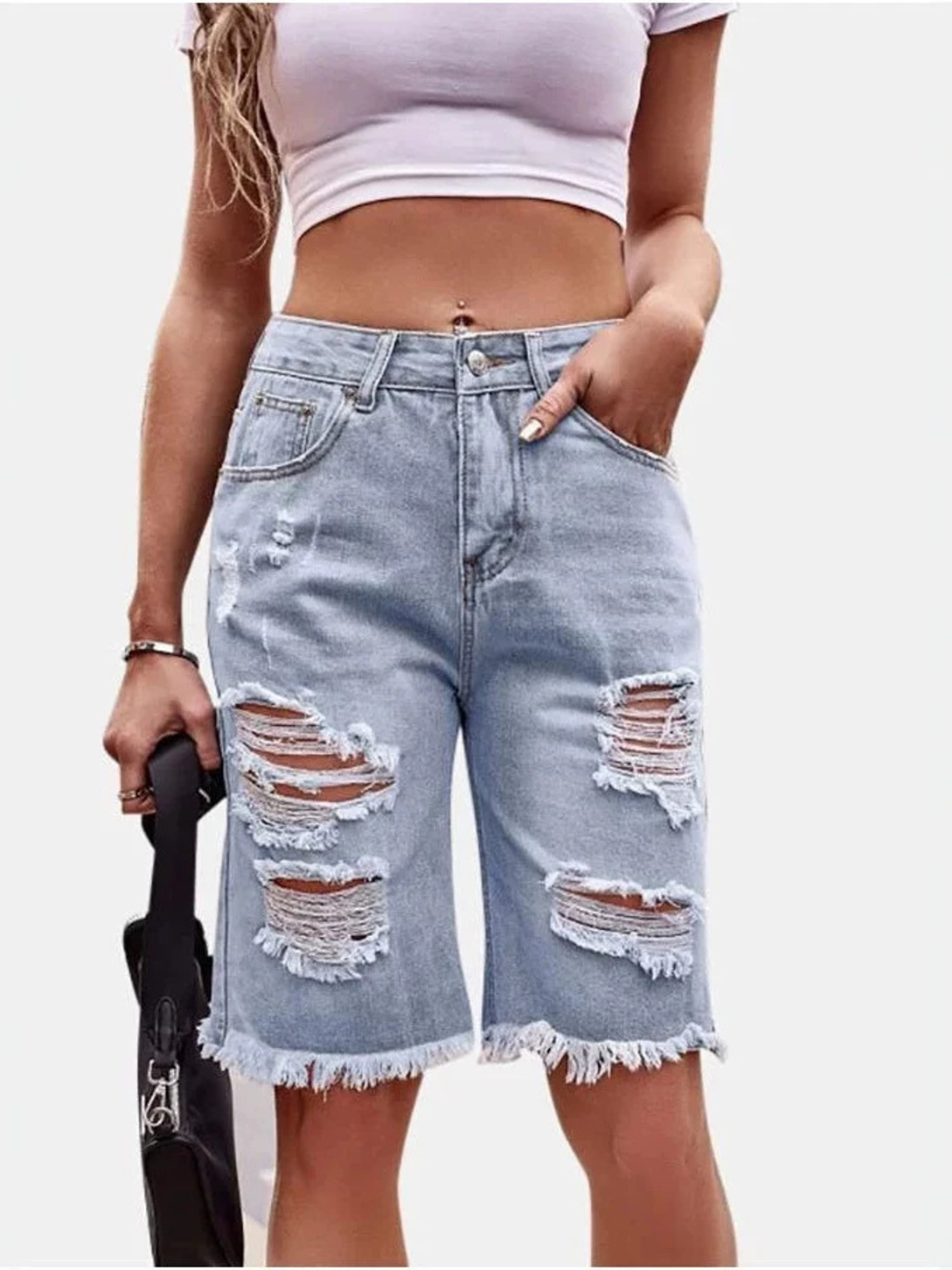 レディース ハイウエスト リップドコットンデニム ジョーツ  - Shorts Denim Frayed のレビューと価格