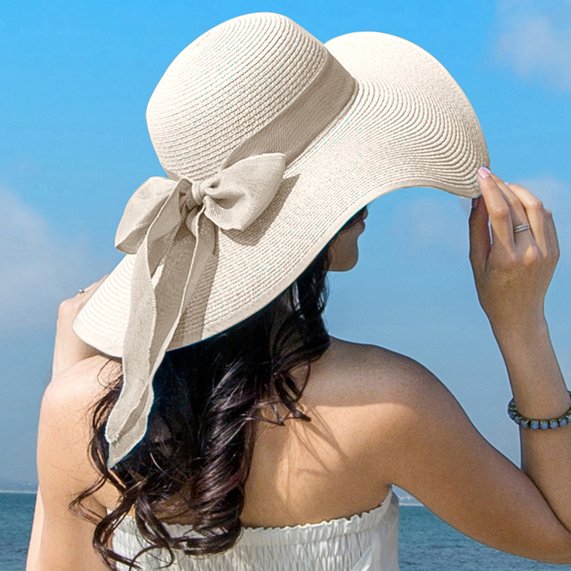 夏の女性の麦わら帽子ちょう結びつば広フロッピーパナマ帽子女性 - Hat Floppy Wide のレビューと価格