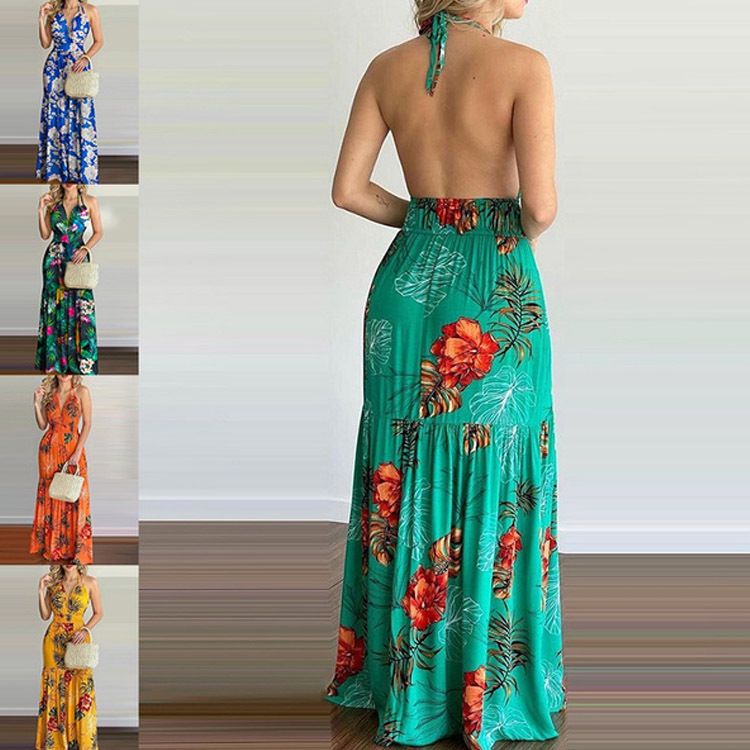 花柄マキシドレス ロングバックレス サマーエレガントガウン  - Maxi Dress Halter のレビューと価格