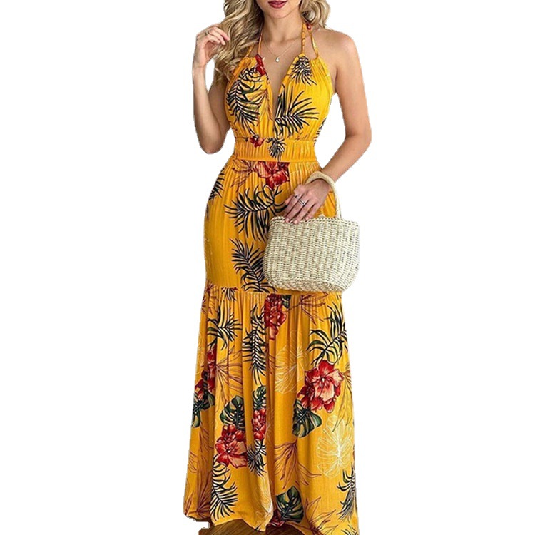 花柄マキシドレス ロングバックレス サマーエレガントガウン  - Maxi Dress Halter のレビューと価格