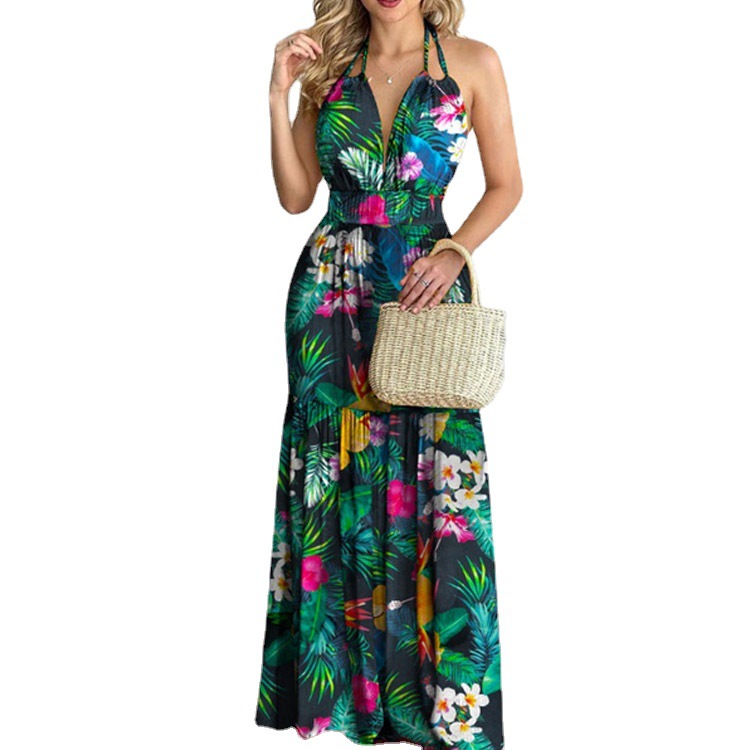 花柄マキシドレス ロングバックレス サマーエレガントガウン  - Maxi Dress Halter のレビューと価格