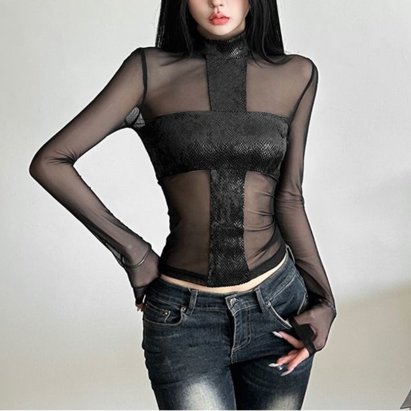 アメリカンスタイル メッシュ 長袖 ボディスーツ Tシャツ  - Blouse Off Shoulder のレビューと価格