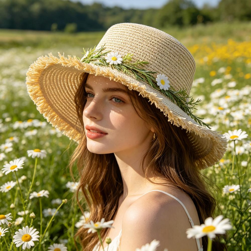 サンハット 広いつばの柔らかい麦わら帽子 菊の花輪付き -  - Hat Floppy Wide のレビューと価格