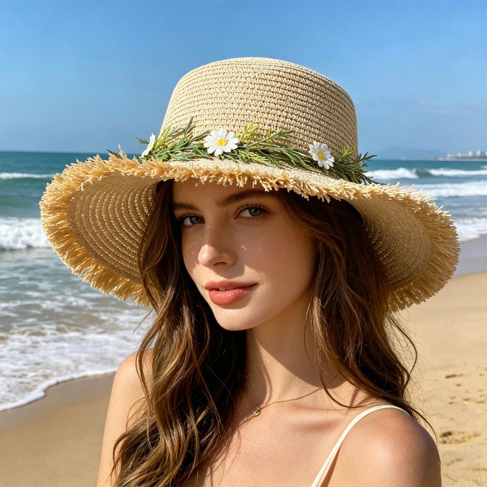 サンハット 広いつばの柔らかい麦わら帽子 菊の花輪付き -  - Hat Floppy Wide のレビューと価格