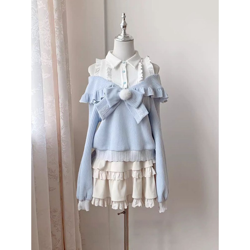 可愛いソフトガールロリータ2ピースセット レディース 秋 オ - Blouse Off Shoulder のレビューと価格