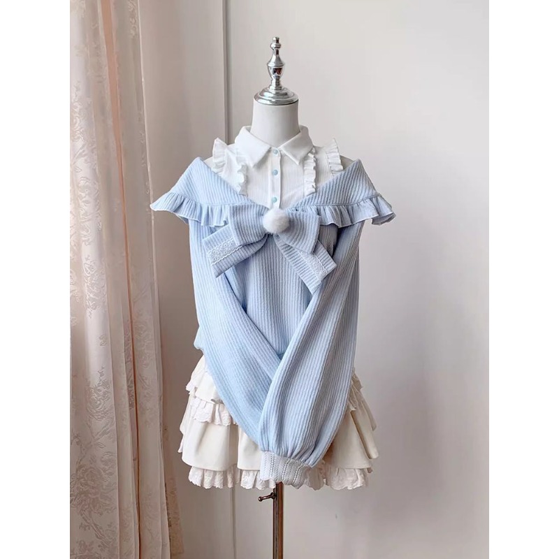 可愛いソフトガールロリータ2ピースセット レディース 秋 オ - Blouse Off Shoulder のレビューと価格