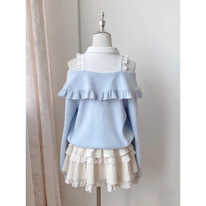 可愛いソフトガールロリータ2ピースセット レディース 秋 オ - Blouse Off Shoulder のレビューと価格