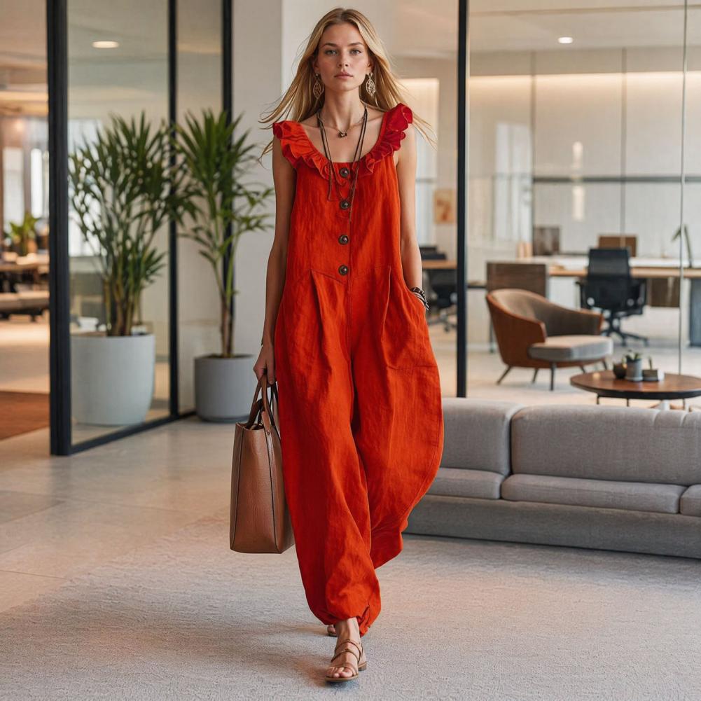 リラックスフィットロンパース レディース フリル付きクルーネ - Jumpsuit Linen Relaxed のレビューと価格