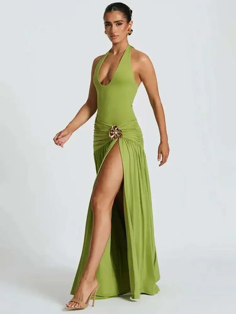エレガントでセクシーなスプリットバックレスマキシドレスセット - Maxi Dress Halter のレビューと価格