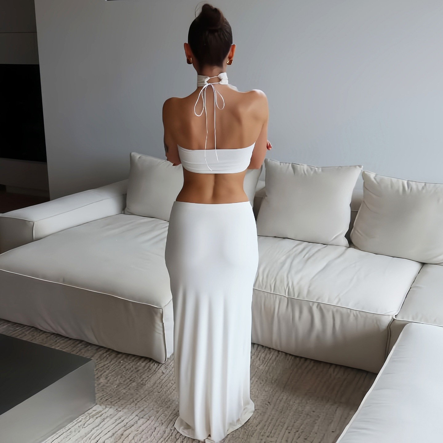 女性用ホワイトセクシー細身ウエスト露出セット ホルターネック - Maxi Dress Halter のレビューと価格