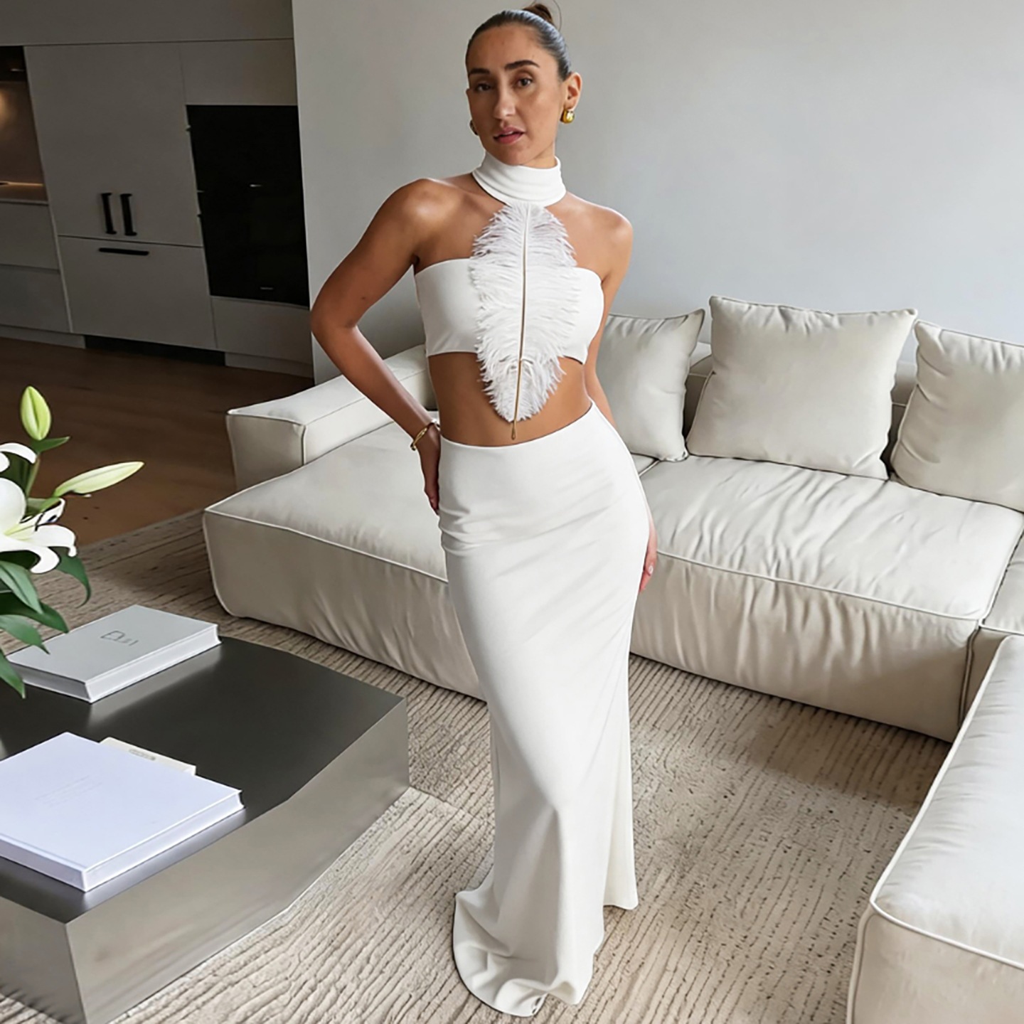 女性用ホワイトセクシー細身ウエスト露出セット ホルターネック - Maxi Dress Halter のレビューと価格