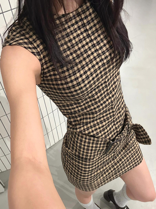 レトロ韓国風チェック柄スリムベストワンピース レディース 夏 - Linen Dress Wrap のレビューと価格
