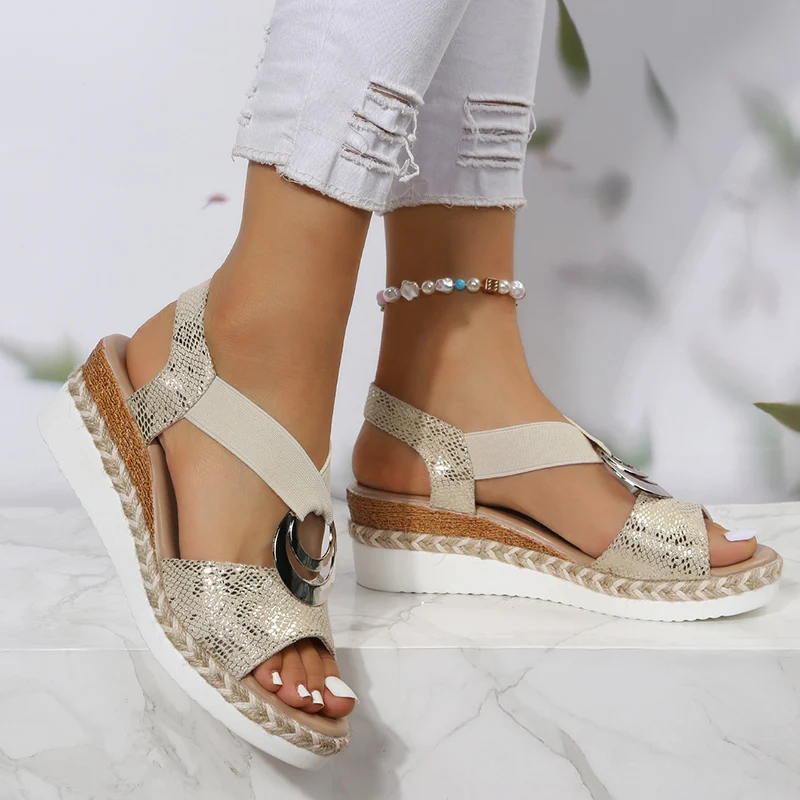 女性用メタルバックルウェッジサンダル,オープントゥ,伸縮性ス - Wedge Espadrille Women のレビューと価格