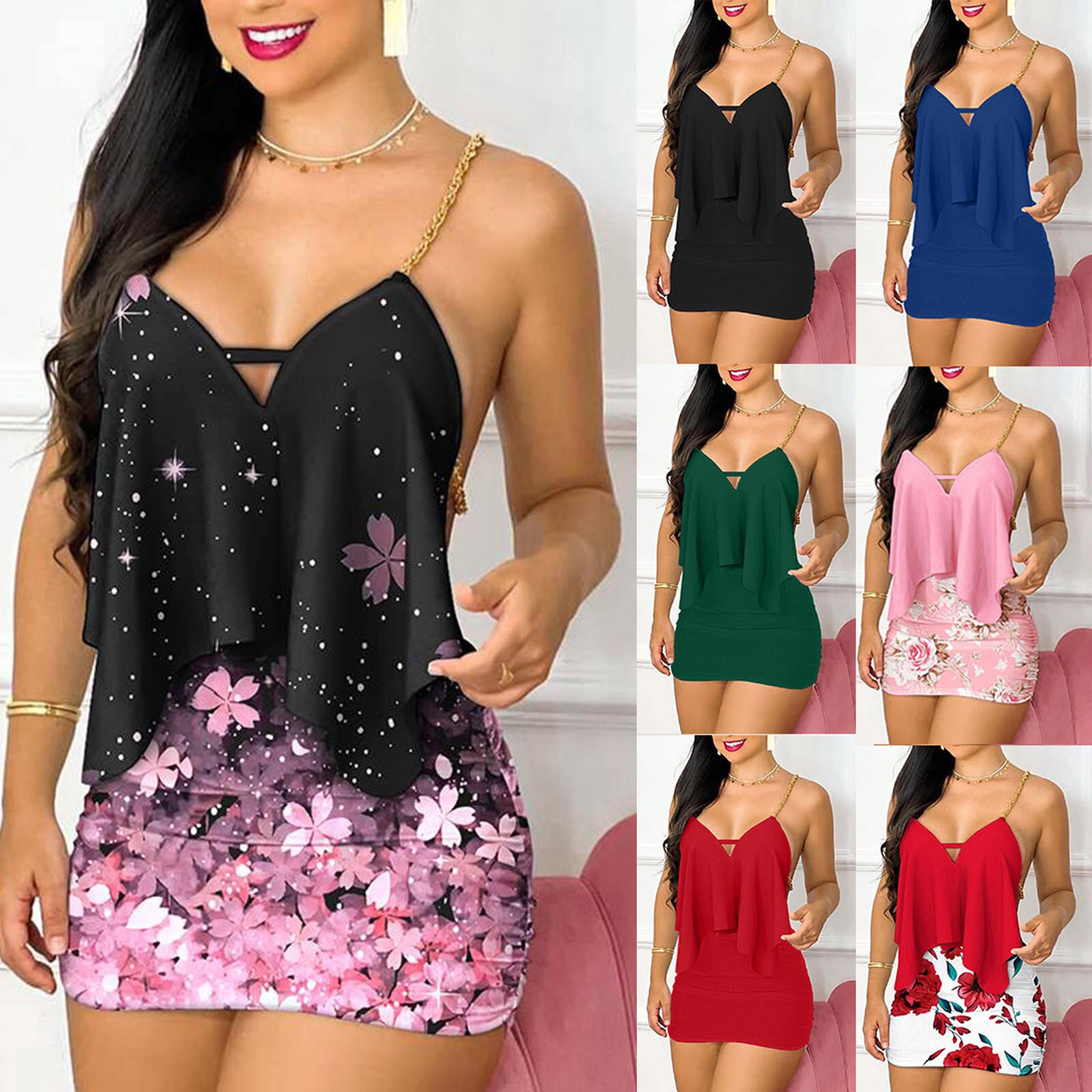 レディースドレス夏のファッション花柄非対称チェーンストラップ - Romper Floral Print のレビューと価格