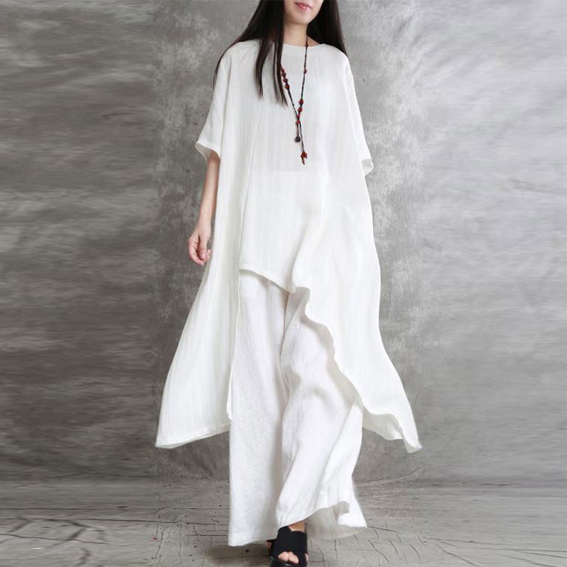 女性用コットンとリネンのスポーツウェア,半袖スーツ,ラウンド - Linen Pant Wide のレビューと価格