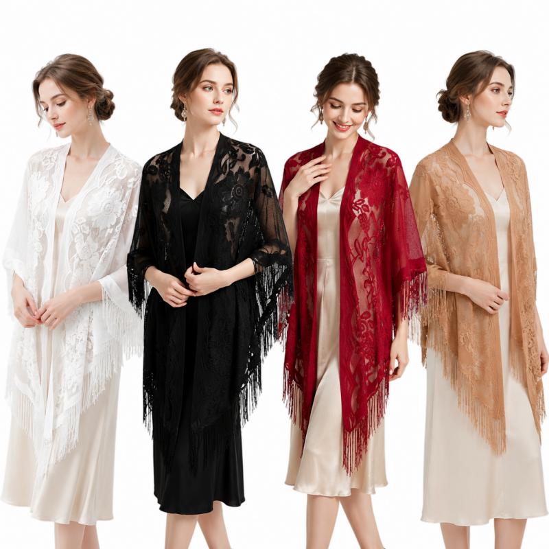 花柄レースショールラップ女性刺繍スカーフフリンジ付き薄手の着 - Kimono Sheer Floral のレビューと価格
