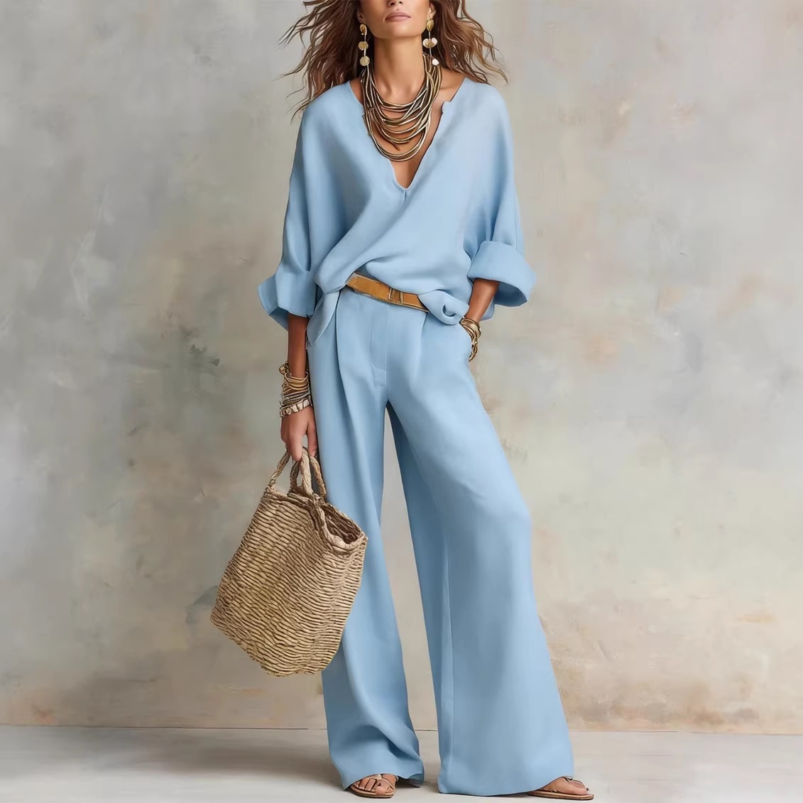 ヴィンテージ風レディースシンプルカジュアル綿麻Vネックバット - Linen Pant Wide のレビューと価格