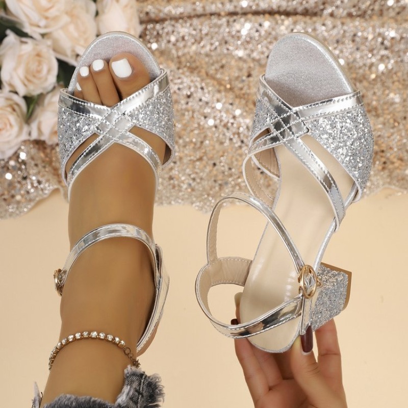 女性ブロックヒールサンダルゴールドキラキラクロスストラップア - Sandal Strappy Heeled のレビューと価格